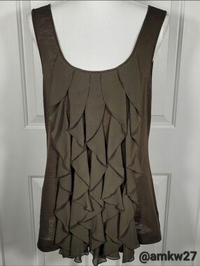 Anthropologie Deletta Olive Green Brown Sleeveless Top w/ Chiffon Ruffles Large